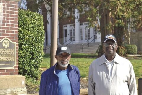 Athens civil rights convocation speakers in front of Townsend Auditorium