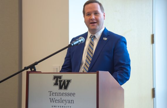 President Tyler Forrest speaking in Johnson Event Center