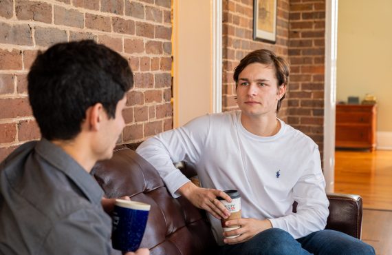 Wesleyan students in conversation at Blakeslee Hall